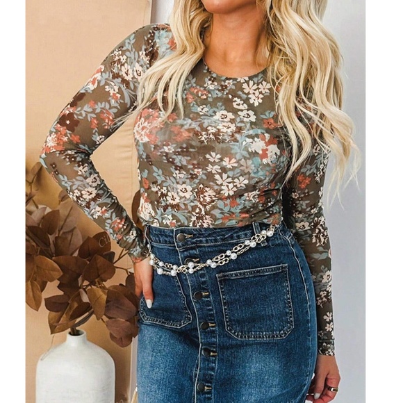 Boho Floral Print Crew Neck Long Sleeve Blouse - Picture 1 of 4